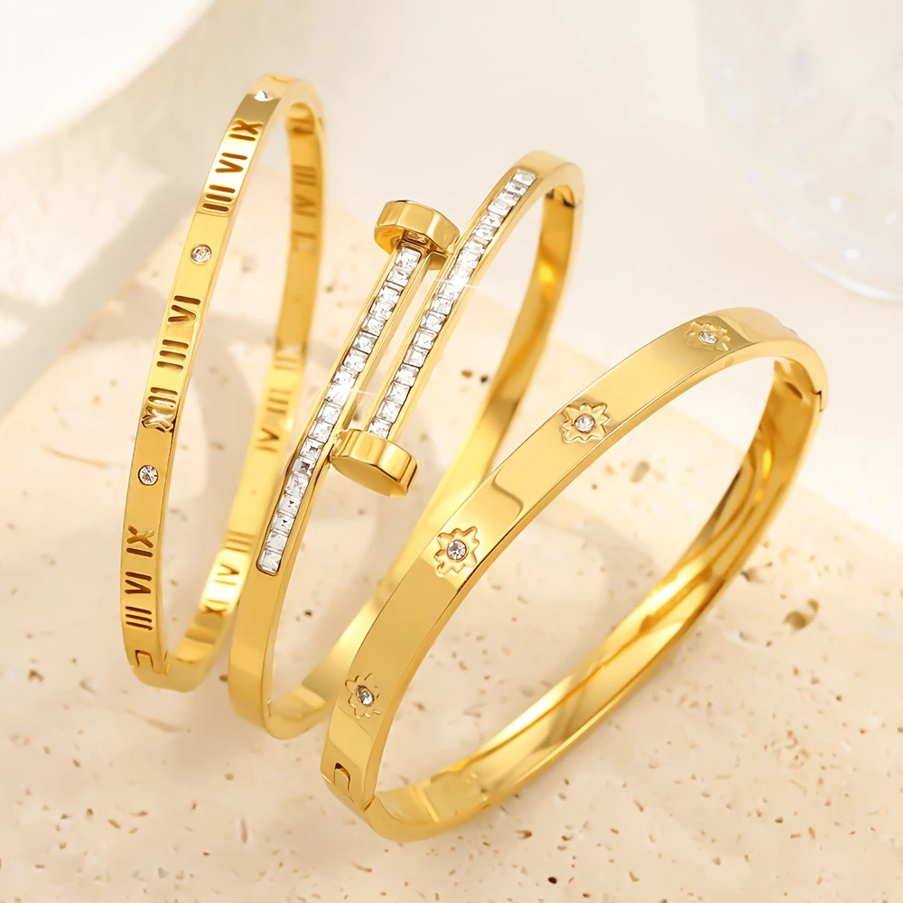 Random 2-Piece 18K Gold-Plated Stackable Bracelet Set—Roman Numerals, Nail, and Lucky Clover Bracelets; Stainless Steel Fashion Jewelry, Women's Gift