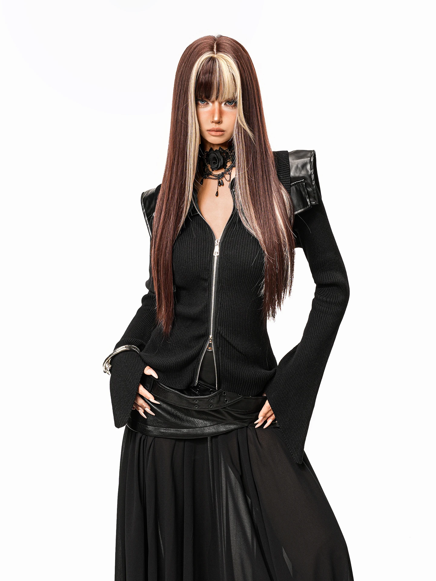 

ink American Retro Double Zipper Knitted Open Cardigan Women's Motorcycle Punk Splice Jaet Top Street Sle Midi Length