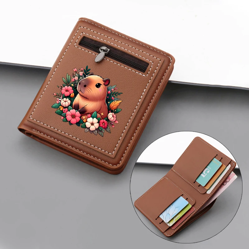 Cute Capybara ID Card Holder Wallet Cartoon Women Retro Pu Leather Coin Purse  Zipper Short Wallet Multiple Positions Billfolds