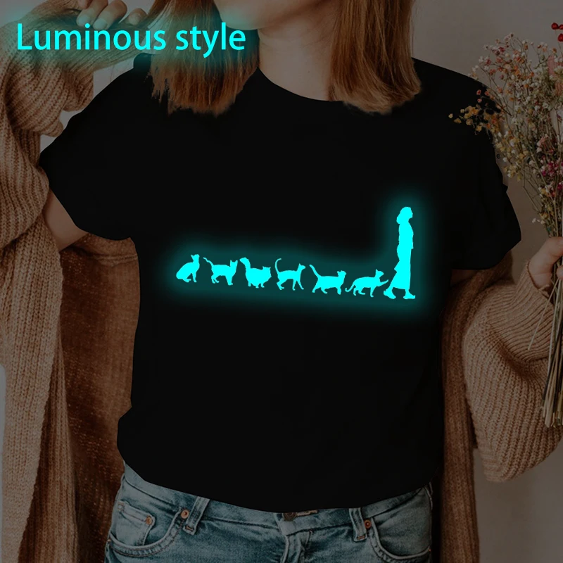 

Evolution Trend Shirt Vintage Cats Evolve Into Humans Print T Shirt Women Short Sleeve Fun Cat Luminous Style Casual Streetwear