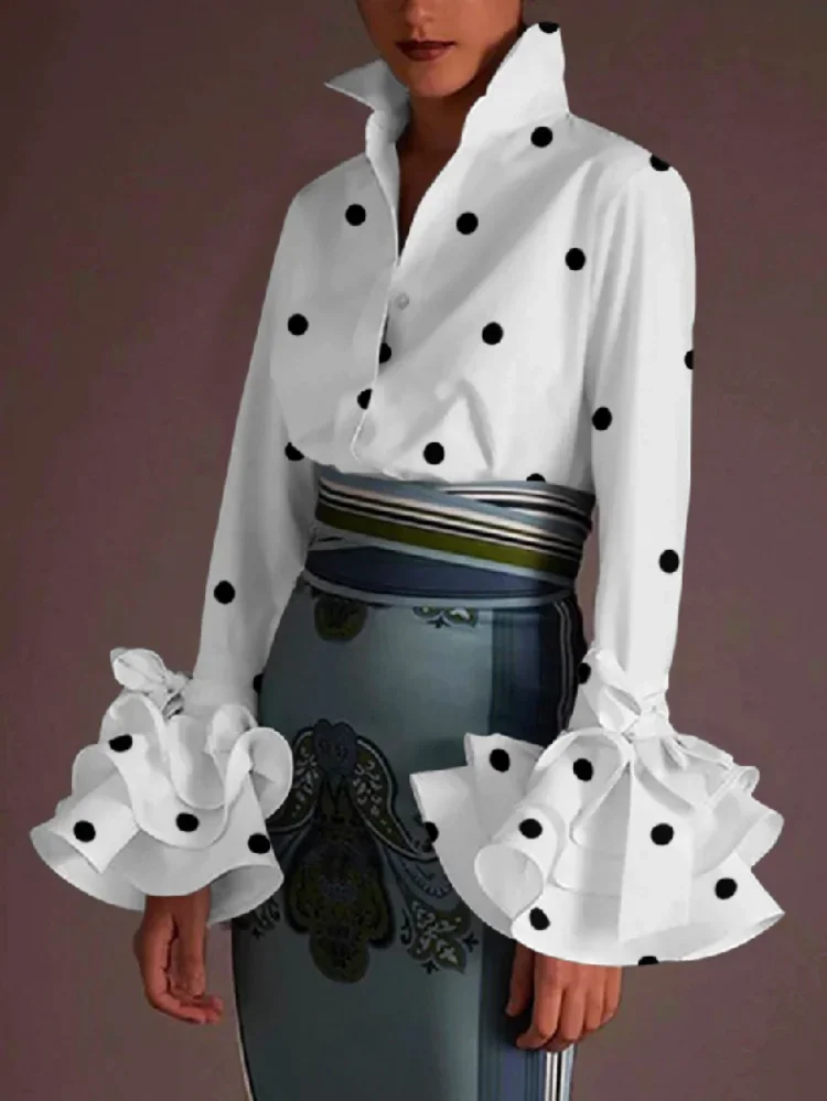 

Uoozee Women's Flared Sleeves Falbala Polka-Dot Lapel Collar Blouses 2025 NEW Spring Office Ladies Fashion Casual Shirt Tops