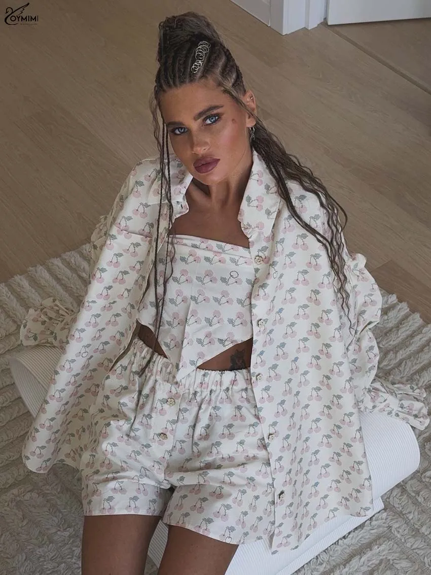 

Oymimi Elegant Beige Print 3 Pieces Set For Woman Fashion Lapel Long Sleeve Pockets Shirts And Crop Tops + Button Shorts Sets