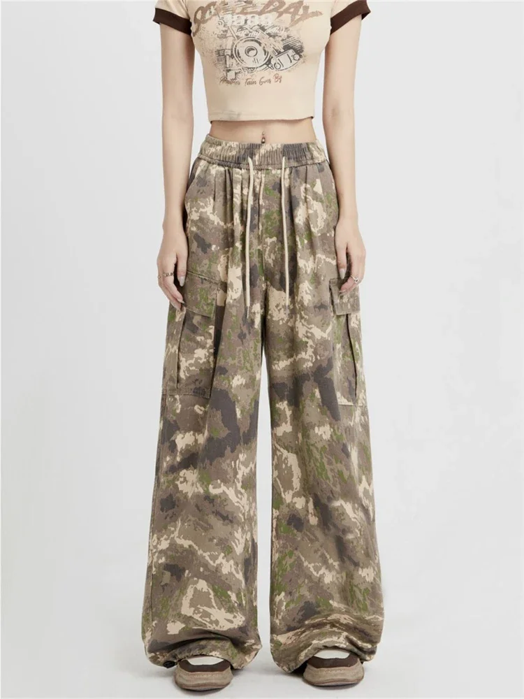 

Women's Camouflage Large Pocket Joggers Drawstring Thin Pants Girl Street Fashion Streetwear Female High Waist Wide-leg Trousers