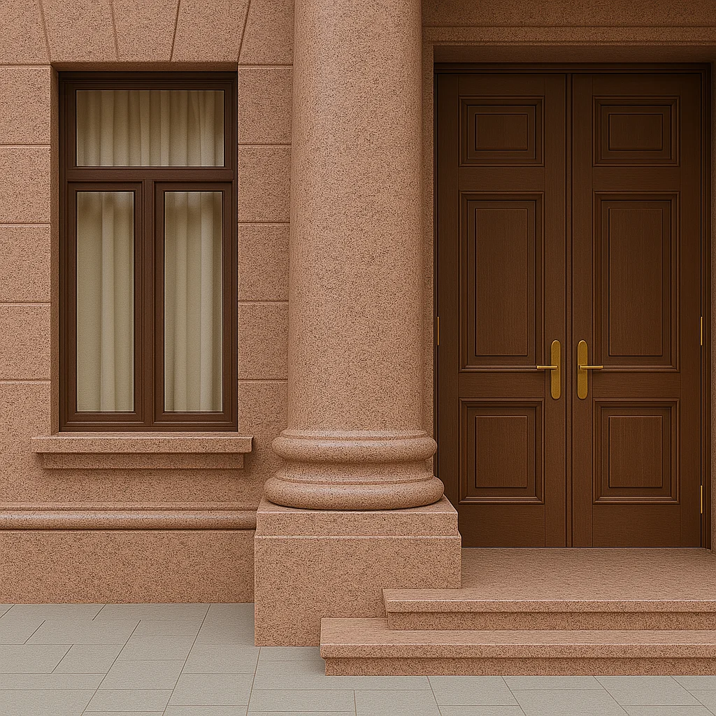 Red granite outdoor building columns and facades