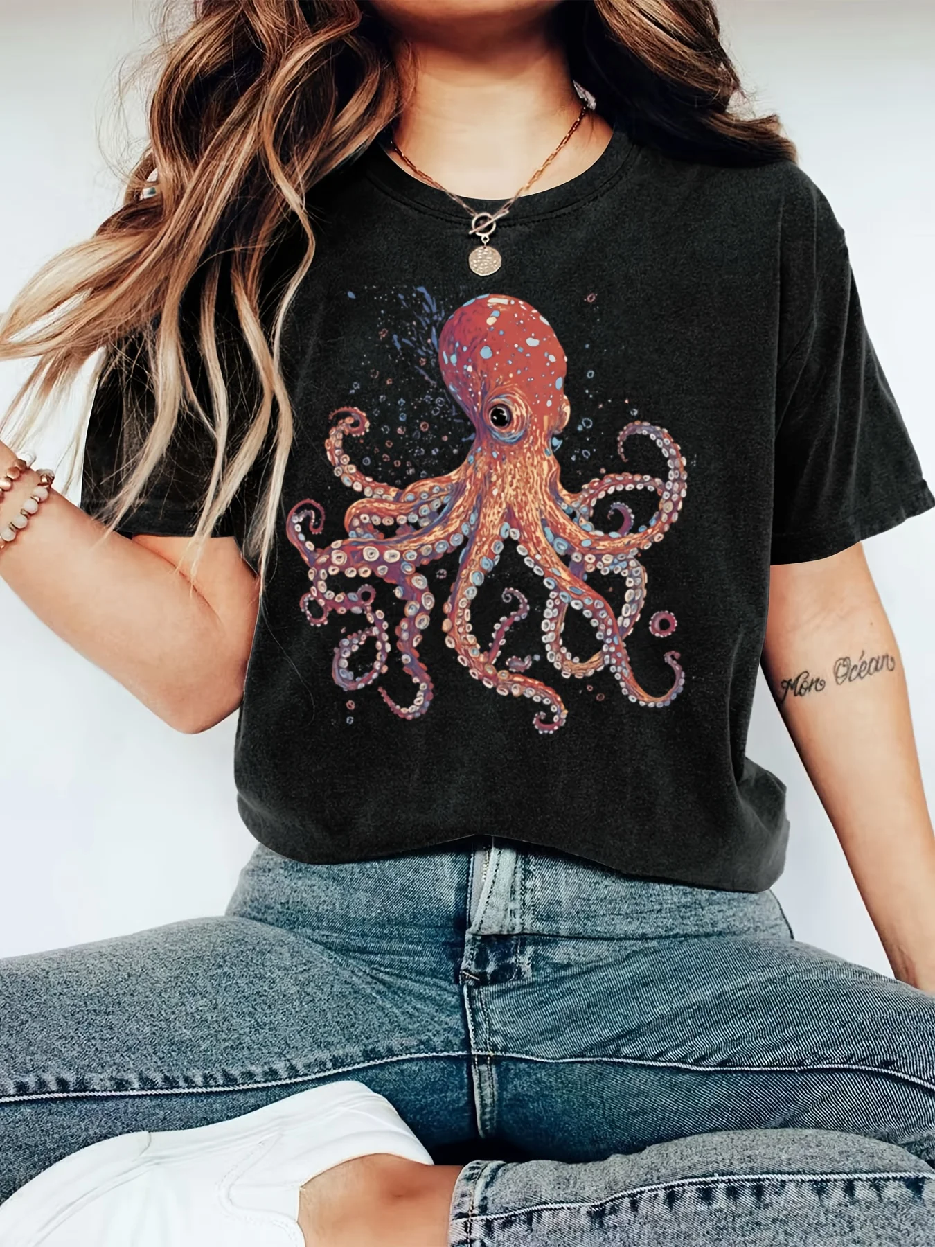 

Женская футболка больших размеров с принтом осьминога в стиле ретро, хлопковая дышащая модная и универсальная уличная одежда унисекс большого размера