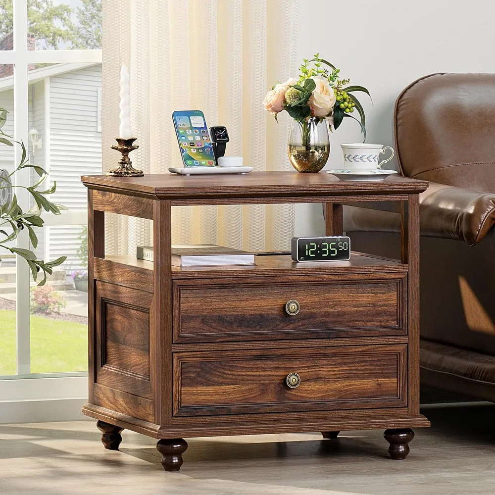 

Farmhouse Nightstand with Charging Station, 24" Wide End Table with 2 Drawers,Brown Dresser for Bedroom, Bed Side Table Chest of