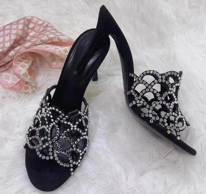 Summer Pointed Open Toe Rhinestone Scale Hollow High Heels Slipper Sandals Women Sexy Crystal Drilled Cutout Banquet Shoes
