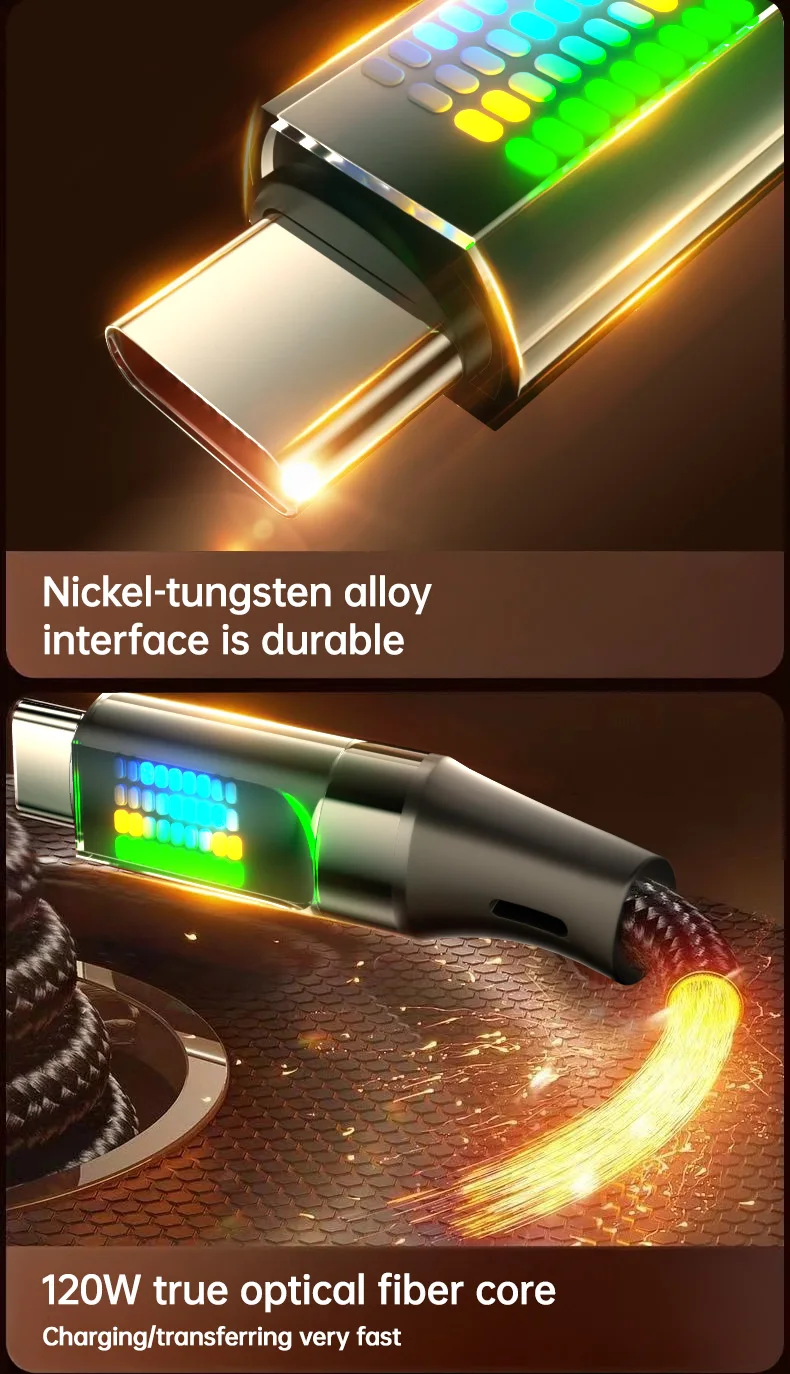 NNBILI NEUES LED-Lichtkabel 120W Schnellladekabel 6A USB-A auf Typ-C Nylon-Datenkabel für HUAWEI Xiaomi Samsung mit PD C-zu-C-Kabel – Detail 3