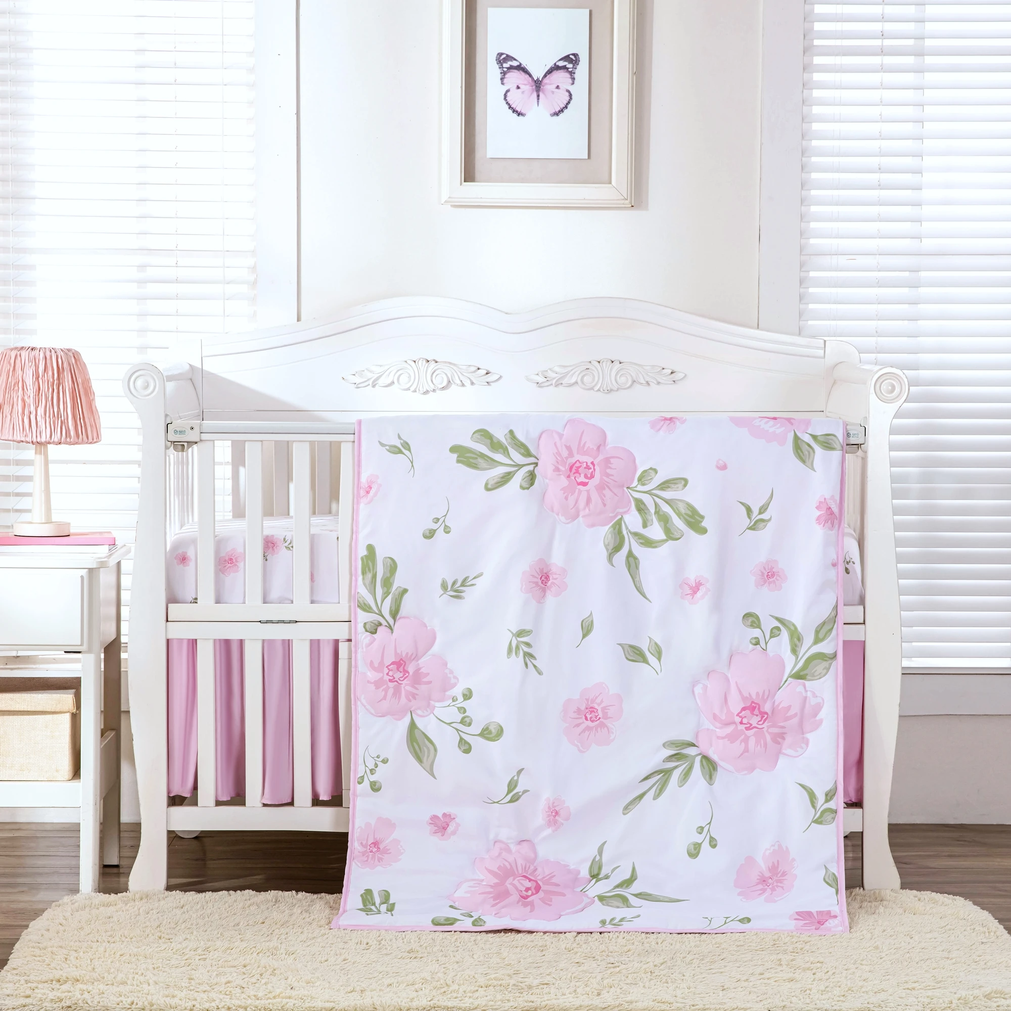 Crib Comforter Set Pink Floral Nursery Decor Nursery Crib Bedding Set Baby Shower 3Piece Comforter Fitted Sheet Crib Skirt