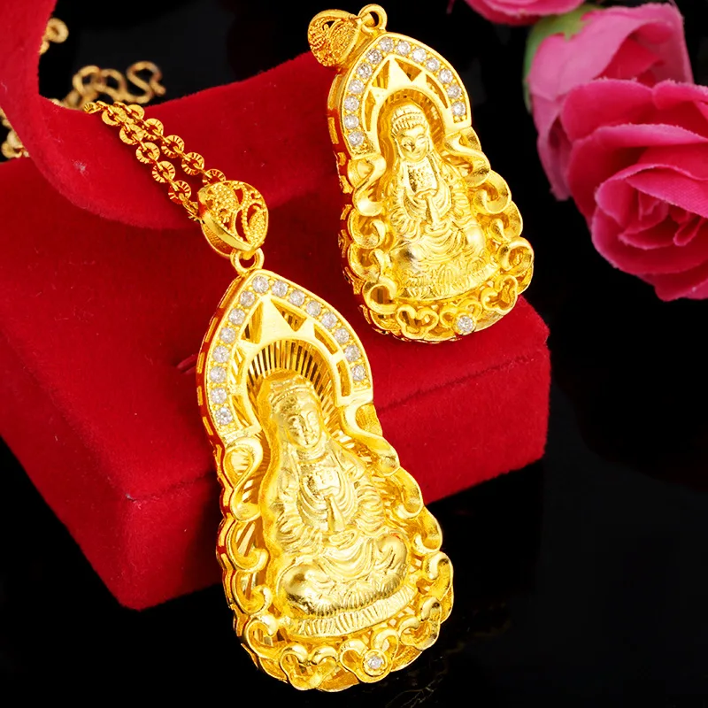 Pure14K Gold Color High Imitation Gold Buddha Statue Inlaid with 3A Zircon Maitreya Buddha Female Natal Guanyin Pendant Necklace