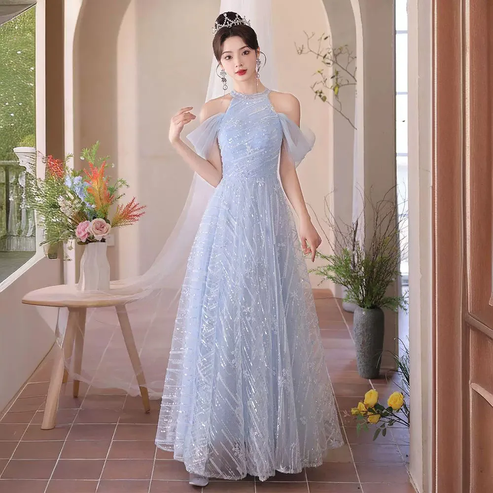 

Elegant Women's Shinning Blue Evening Dress Light Luxury Off Shoulder Halter Vestido Female Tulle A-line Birthday Party Gown