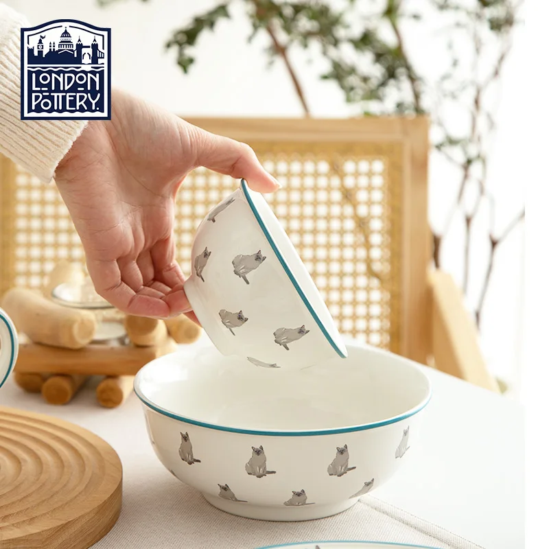 London Pottery 300ML cat ceramic rice bowl fruit ramen bowl instant noodles salad bowl pretty tableware for kitchen