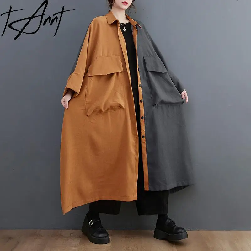 

GetSpring Women Dress 2024 Autumn Color Matching Single Breasted Shirt Dress Fashion All Match Loose Casual Long Female Dresses