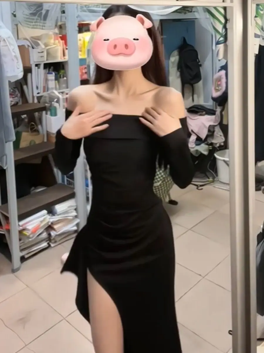Pure Desire for Explosive Style Slim Fit One Shoulder Strapless Dress Slimming and Waist Cinching Long Sleeved Slit Mid Length