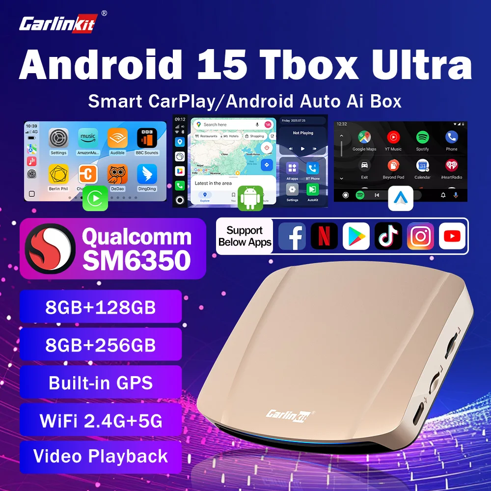 

Android 15 Ultra WiFi6 CarPlay Ai Box CarlinKit SM6350 8-Core Wireless CarPlay Android Auto Support YouTube/SD/SIM Card 8G+256GB