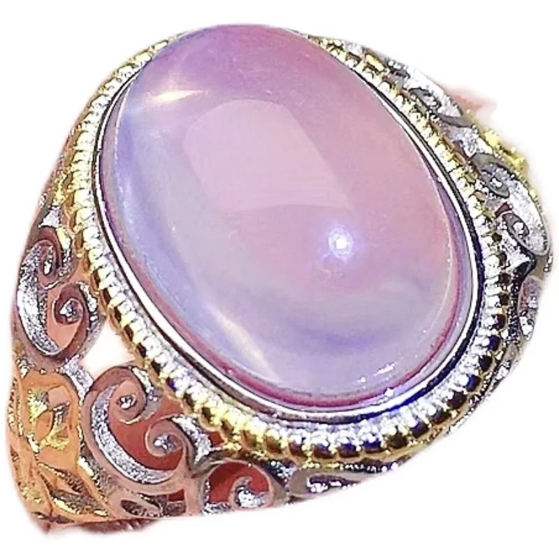 خاتم كوارتز وردي فاخر 10 مللي متر * 14 مللي متر 6ct كوارتز وردي طبيعي 925 خاتم فضة 18K طلاء الذهب مجوهرات كوارتز وردية