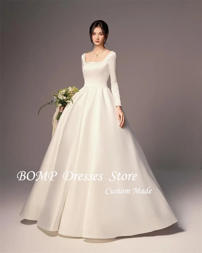 BOMP Simple Thick Satin A Line Formal Wedding Dresses Long Sleeves Square Neck Floor Length Bridal Gowns Photo shoot Customized