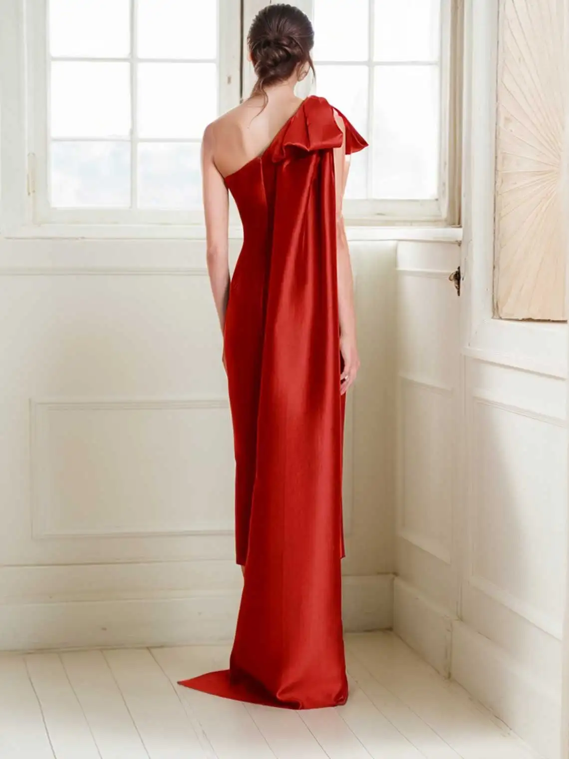 Elegant Sheath Formal Evening Dress One Shoulder Satin Tea Length Sleeveless Bow Knot Wedding Guest Dress 2025 Free Customized