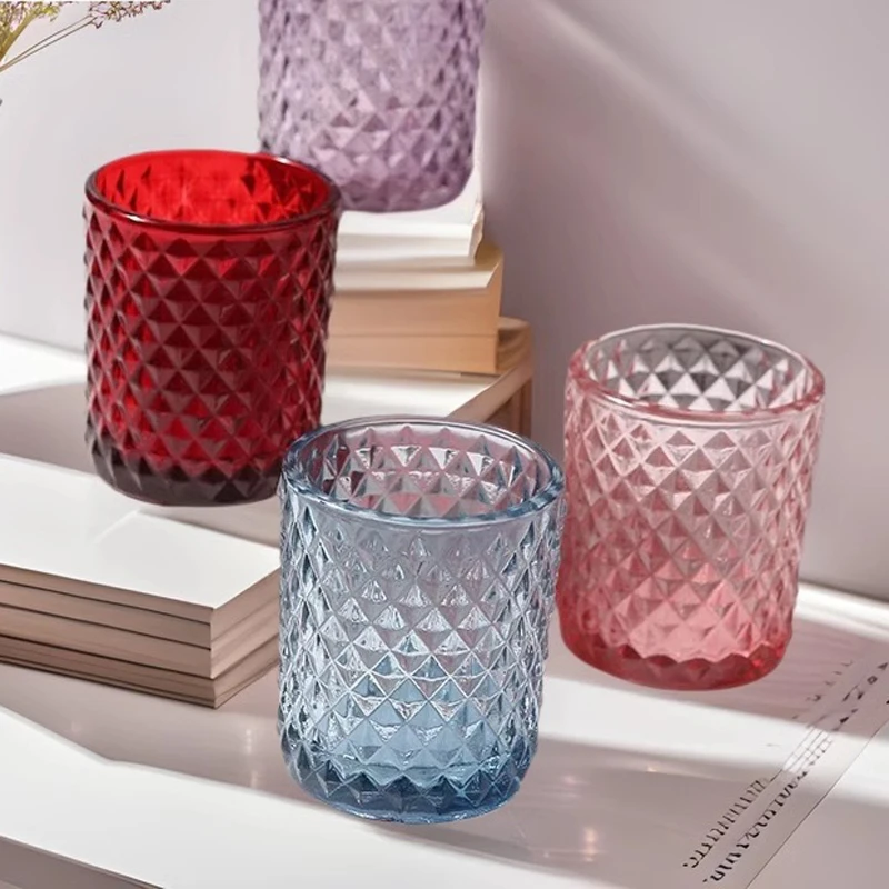 6 pcs/set Embossed pattern colored glass candle cup scented candle rhombic Crystal Diamond-shaped stereo effect