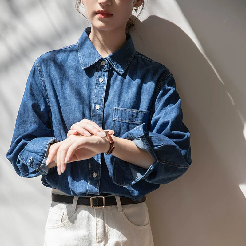 Retro Blue Denim Shirt For Women With Autumn Design Sense, Front Shoulder Lapel, Hong Kong Style Stacked Shirt, Commuting Long S