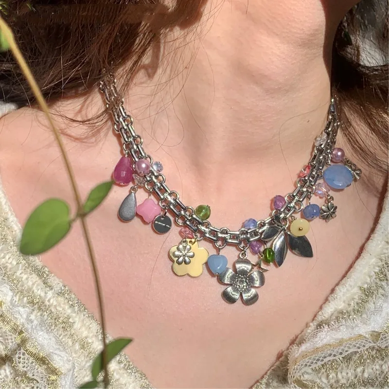 

Y2K Necklace Jewelry DIY Rainbow Flower Pendant Necklace Korean Fashion Kawaii Choker Punk Charm Star Pendant Necklace for Women