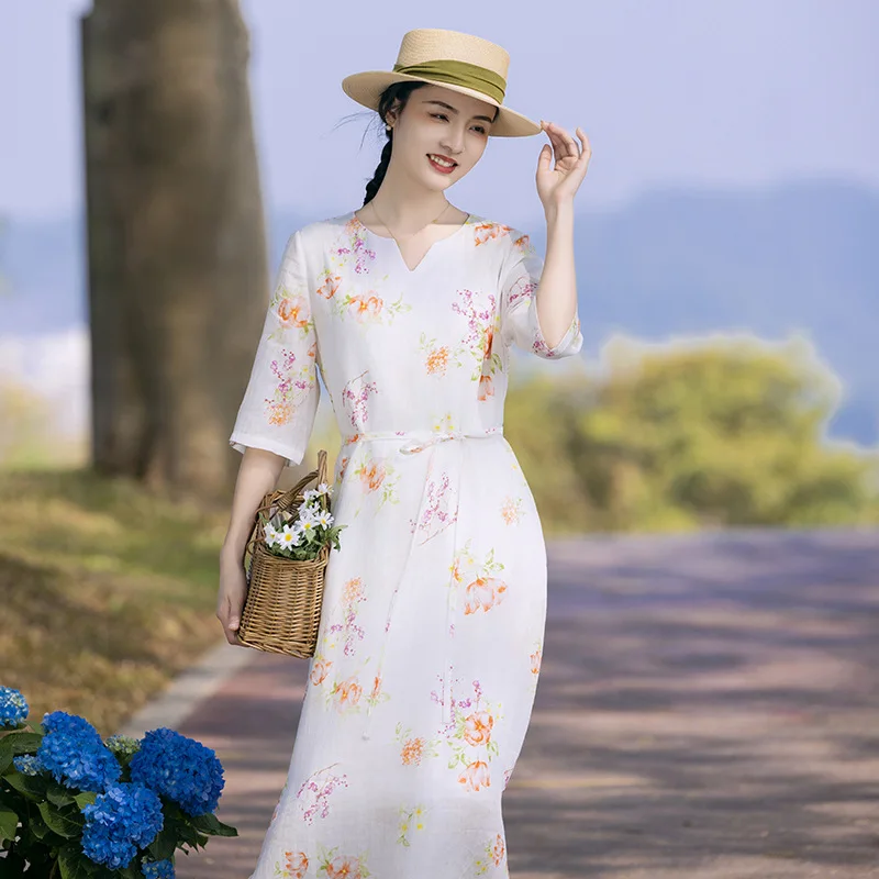 

Cotton and linen women's ramie dress V-neck printing Chinese style retro A-shaped skirt fashionable and casual versatile simple