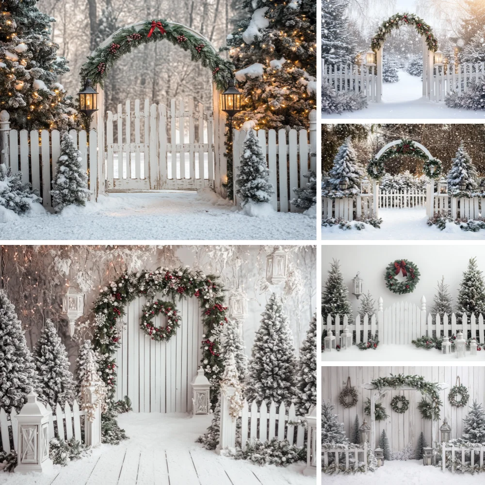 

Winter Christmas Background Pine Trees Lanterns Wooden Fence Evergreen Branches Snowflake Baby Background Photo Studio Photocall