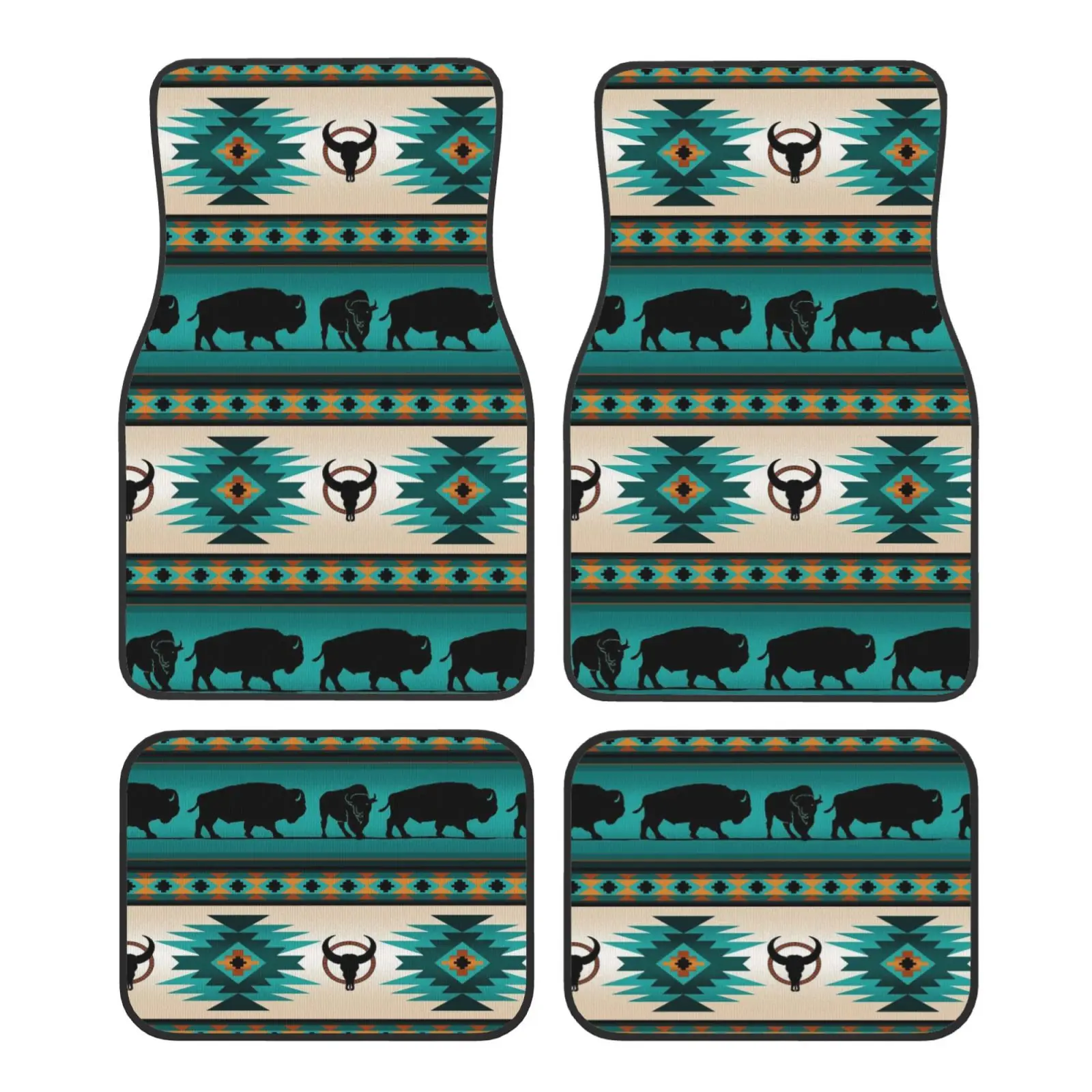 Aztec Cattle Pattern Print Car Floor Mats Non-Slip Carpets Rugs Front Rear Car Foot Mats Set of 4 Pieces Auto Accessories Decor