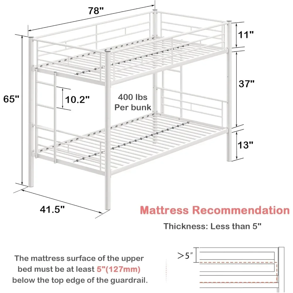 Children's bed, metal loft bunk bed with desk, ladder, and full length guardrail, noise free, no need for spring box