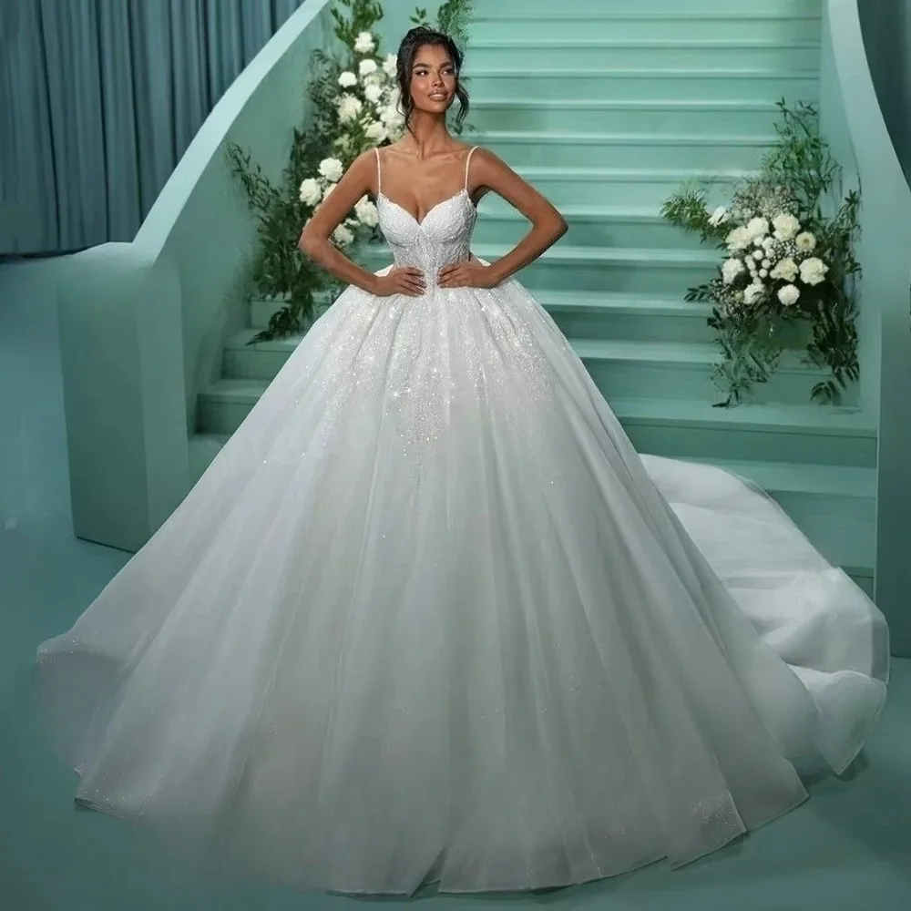 Sparkling A Line Women's Sexy Spaghetti Straps Wedding Dresses Vestido De Novia Backless Bride Gowns Customized Robe De Mariée