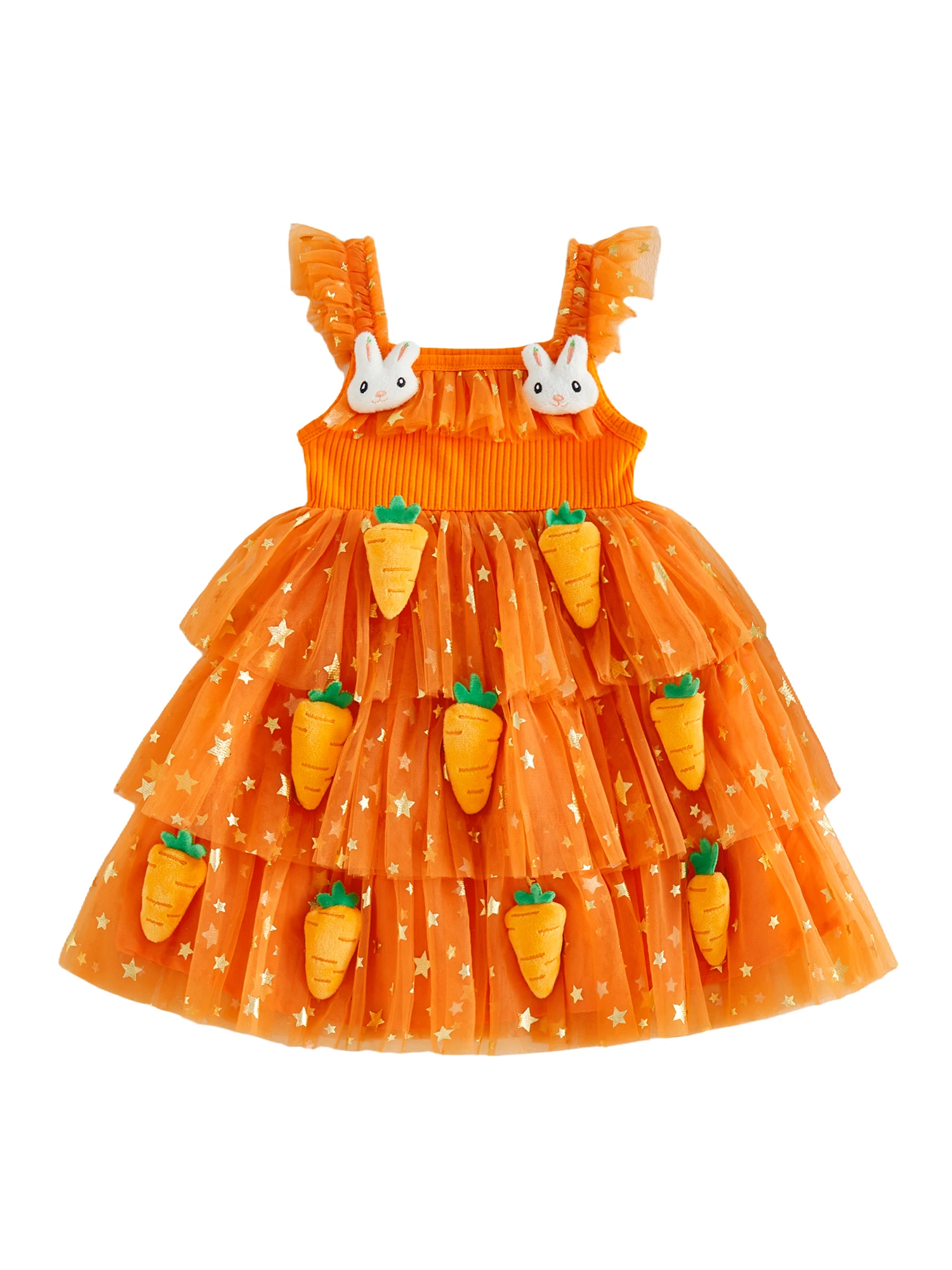 

Cute Toddler Girls Easter Tutu Dress with Flutter Sleeves and Square Neckline Featuring 3D Carrot and Bunny Decorations on