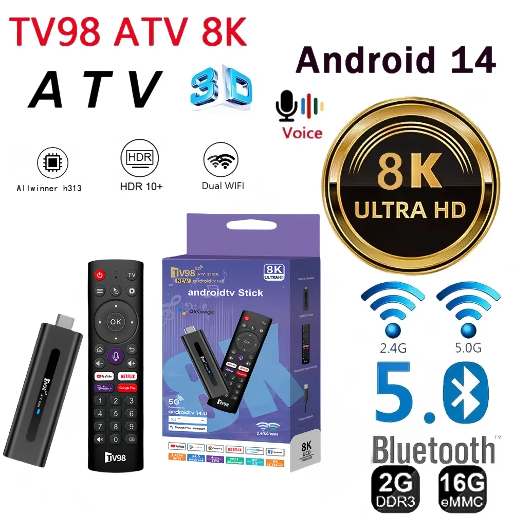 

Тв-приставка на Android 14, Bluetooth 5,0, ATV, 8K, 4K, 2 + 16 гб