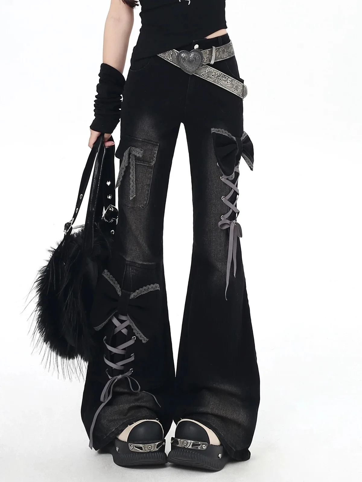 Y2K Bow Jeans Women 3D Design High Waist Slim Fit Flared Pants Spicy Girl