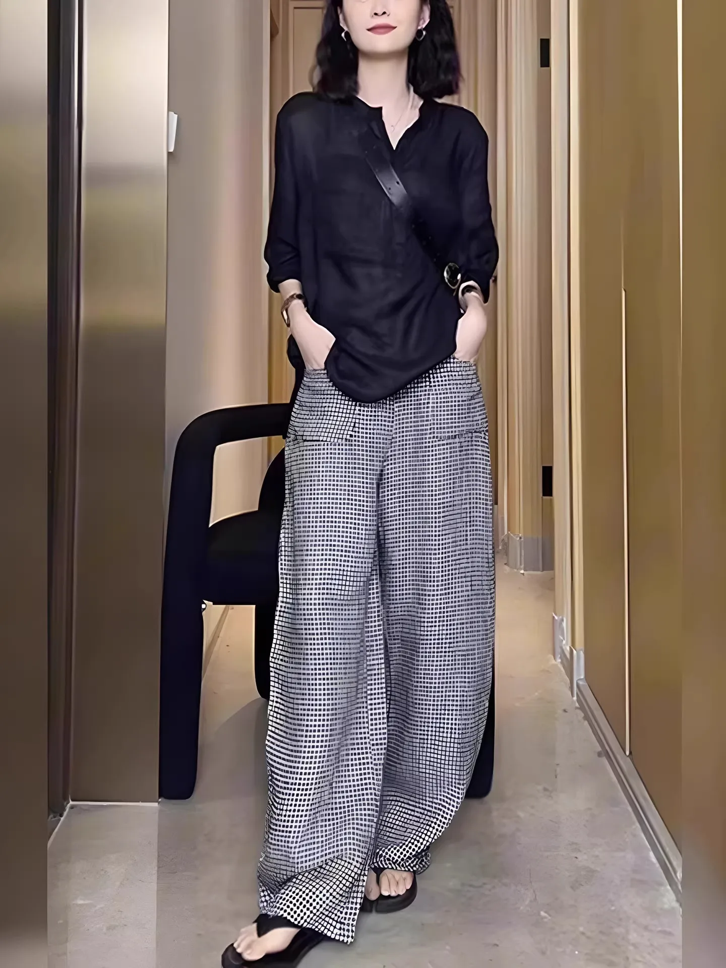 

Spring Fashion Set Women's Black Top Wide Leg Pants Two Piece Suite Anti-Aging Small Size Casual Style High Waist Pants