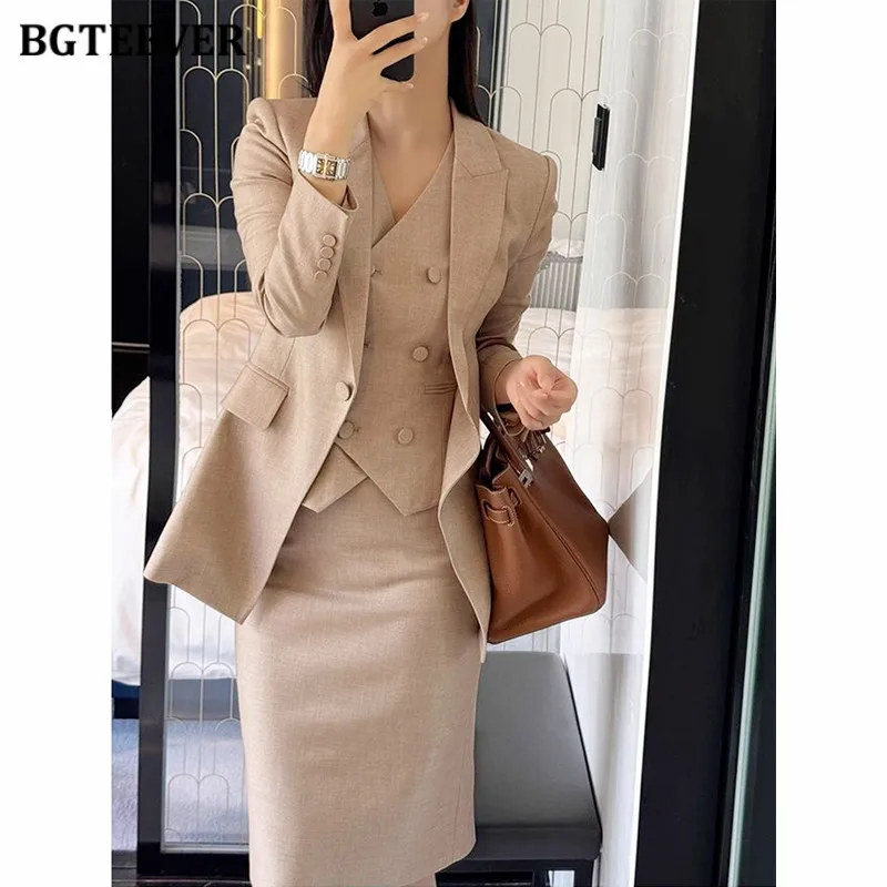 BGTEEVER Ladies Skirt Suits Long Sleeve Single Button Jackets & V-neck Waistcoat & Package Hip Skirts