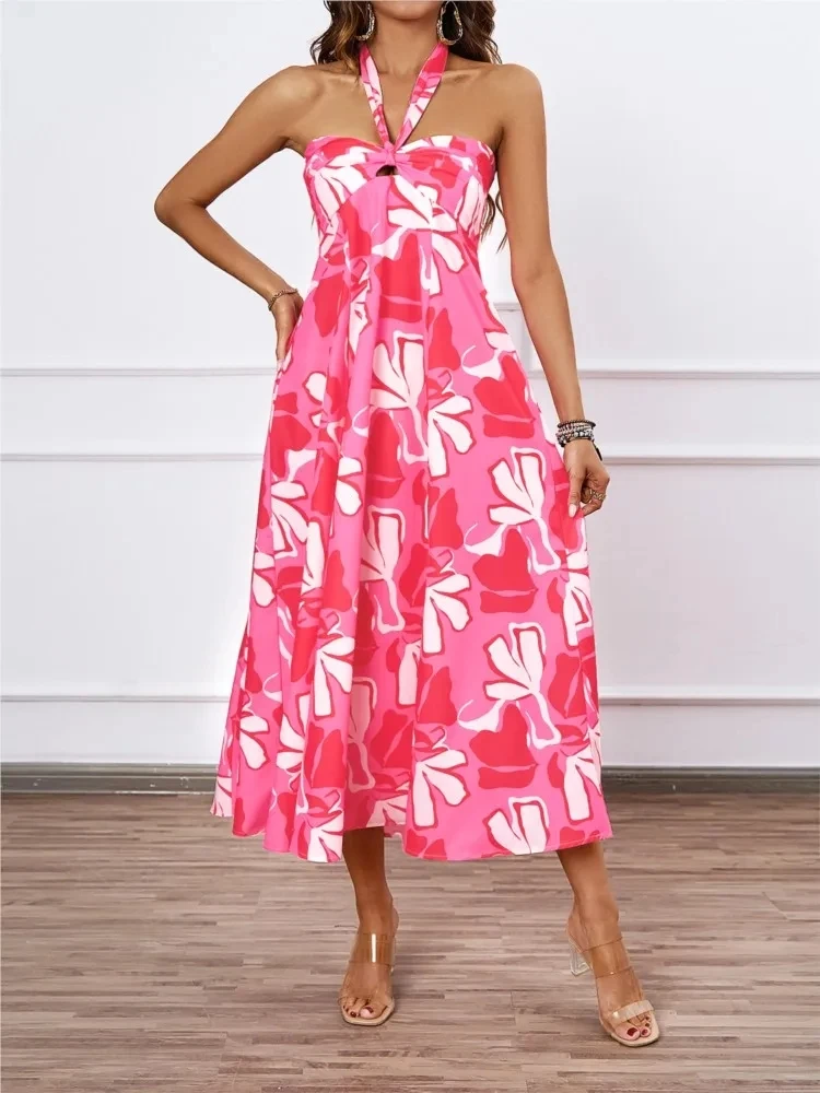 

Summer Women's New Fashionable Vacation Print Sexy Hollow Lace Hanging Neck Hanging Collar Large Swing Dress