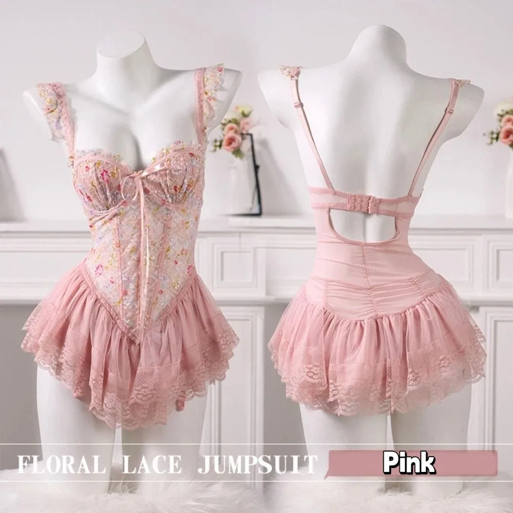 

Comfortable Thin Sweet Lace Nightdress Beauty-back Lace-up Sleeveless Nightwear with Chest Pad Homewear Pajamas Women Indoor