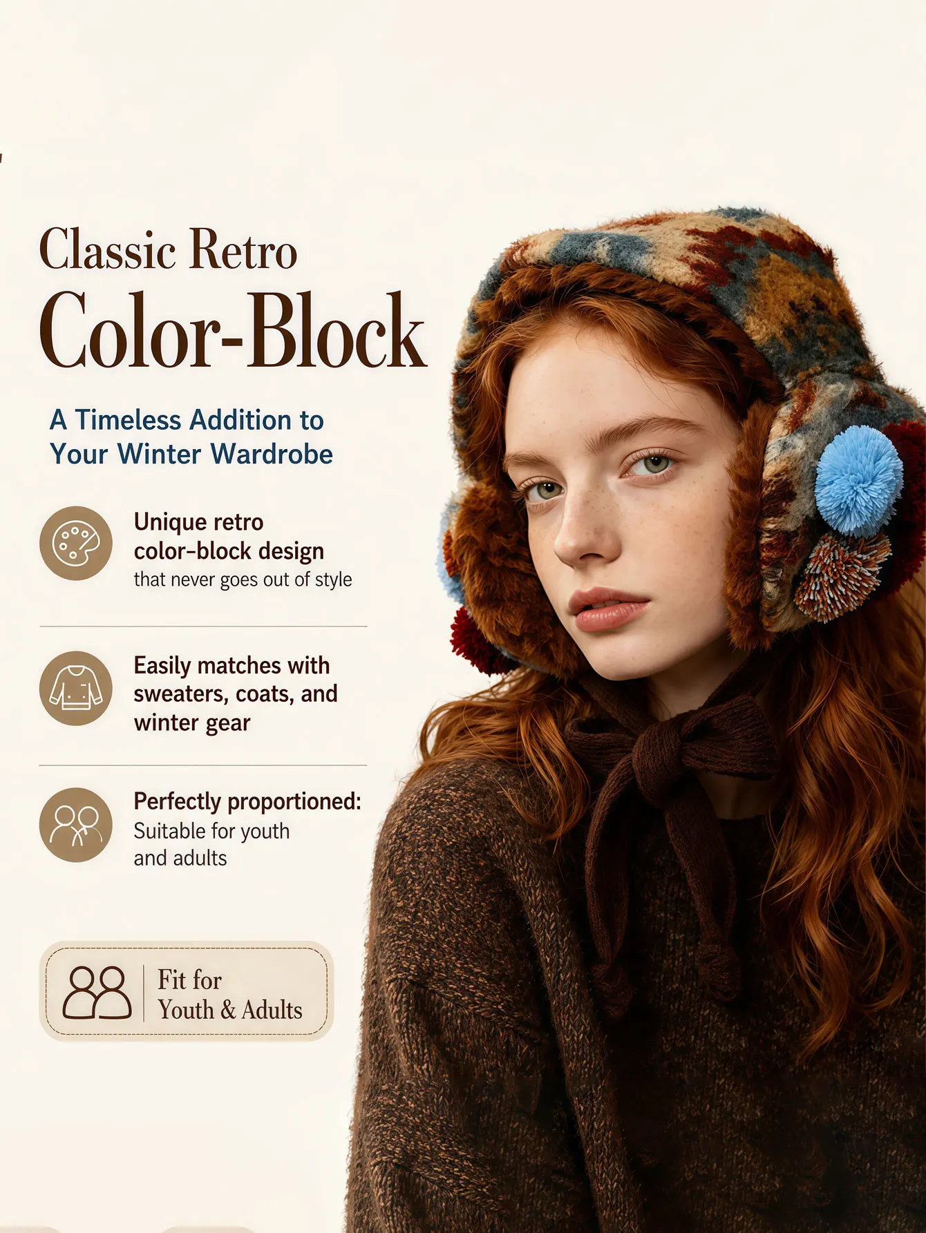 1PC  2026 Autumn/Winter Retro Brown Color Flannel Ball Knitted Ear Muffs for Warmth and Protection during Cycling