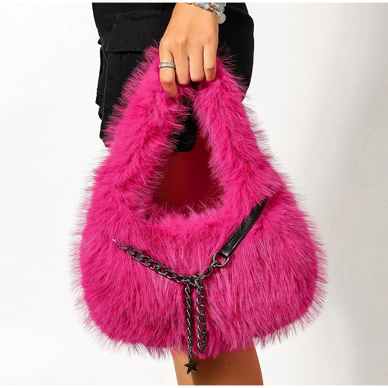 Weiche, glatte, flauschige Plüsch-Umhängetasche, Winter-Handtasche in Uni-Farbe, Metallketten-Tragetasche, lässige, individuelle Unterarmtasche – Detail 25