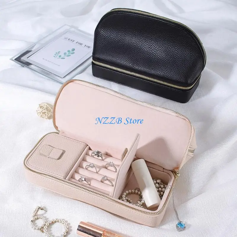 T21F Leather- Jewelry Double-Layer Jewelry Box Convenient Earrings Jewelry Storage Bag Lipstick Rings Storage Box