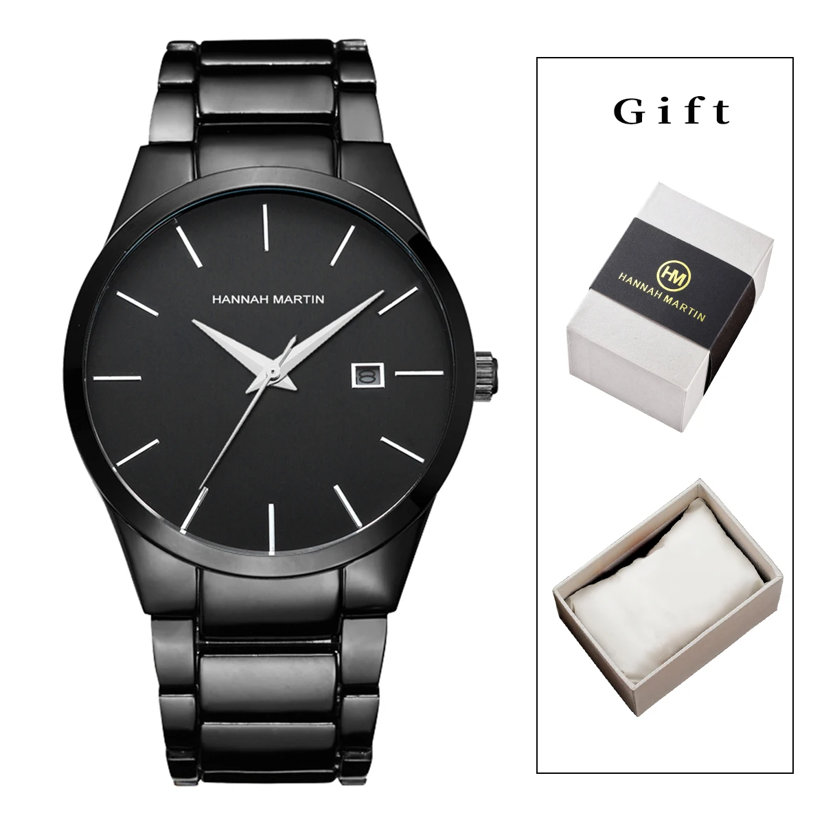 Stainless Steel Men Watches Hannah Martin Brand Original Quartz Movement Business Watch Fashion 40mm Black Sports Watch for Men