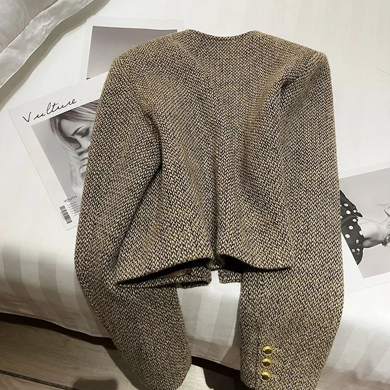 Vintage Cropped Tweed Jacket Women Elegant Short Blazer Autumn Korean Single-Breasted All Match Casual Chic Outerwear Tops