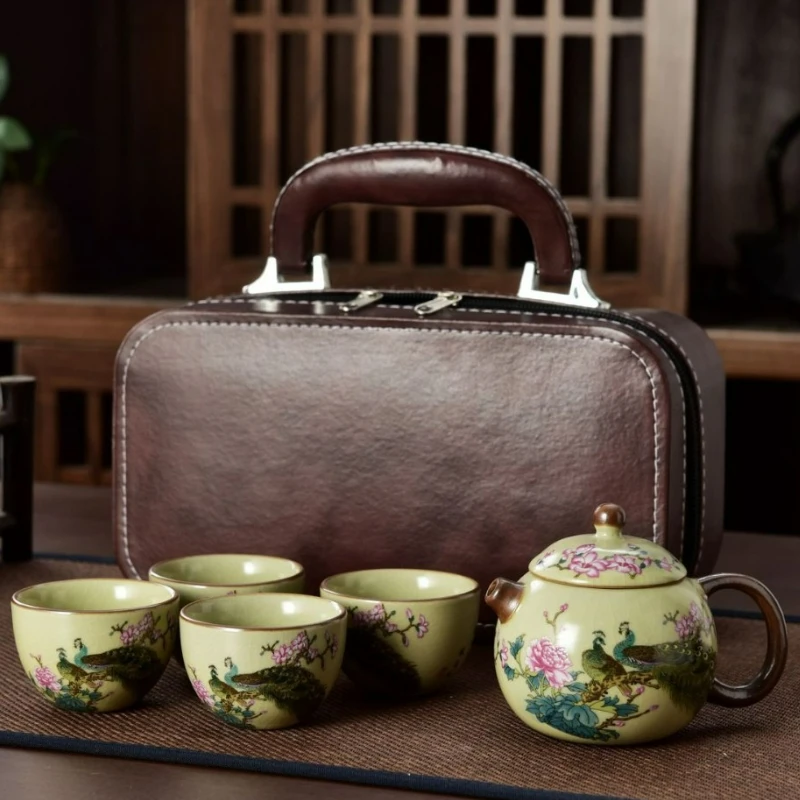 

Ru Kiln Travel Tea Set One Pot Four Cups Retro Kung Fu Tea Set Ceramic Teapot Tea Cup Portable Outdoor Teaware Sets Leather Bag