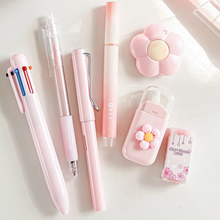 7Pcs Kawaii Pastel Stationery Set, Multi‑Color Pen Correction Tape Eraser Cutter Highlighter Cute School Supplies Kit for Girls
