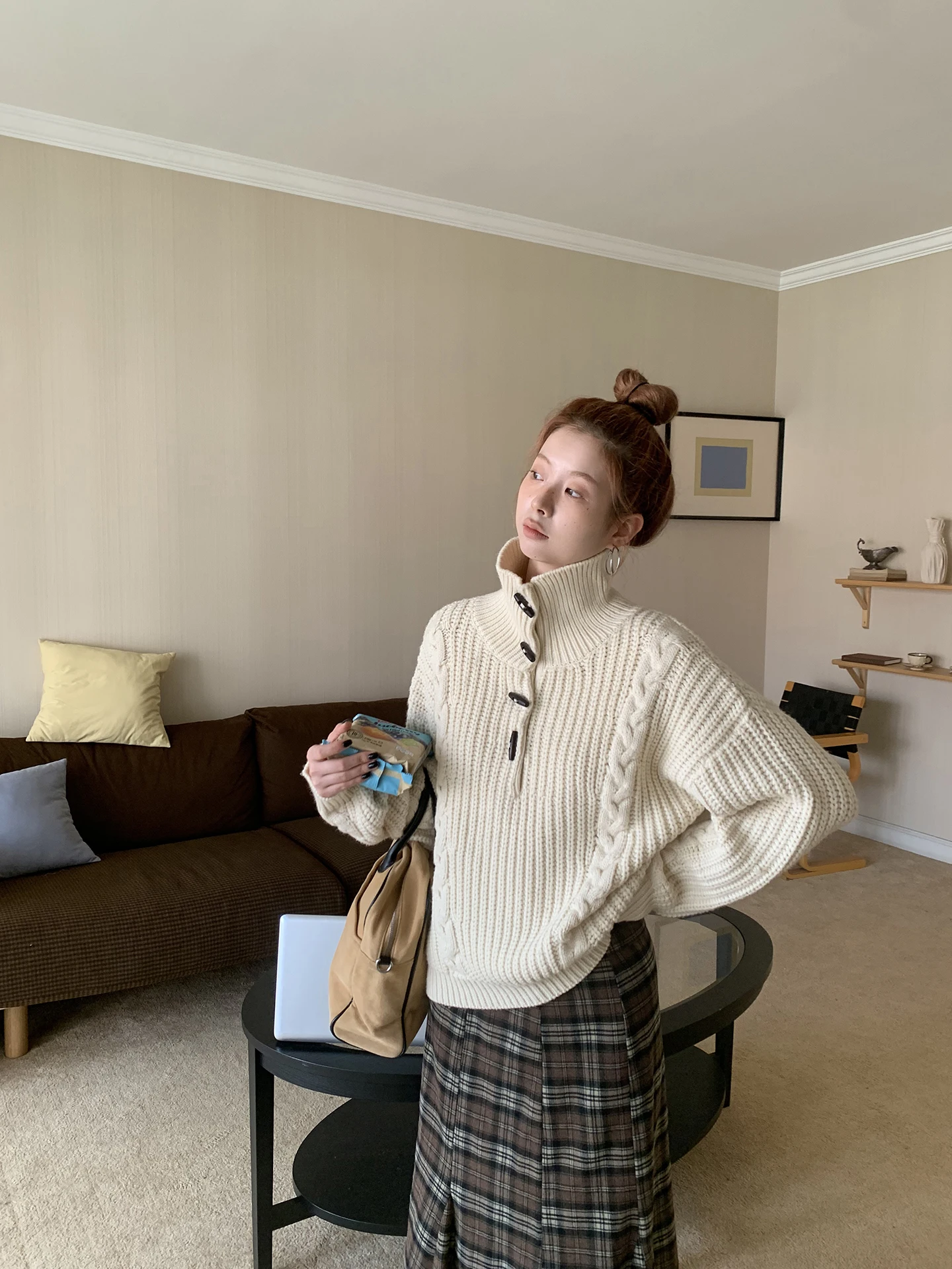 

Высокий шерстяной свитер, женский осенне-зимний свободный дизайн, вязаный топ на пуговицах, повседневный модный удобный крой, длинный све