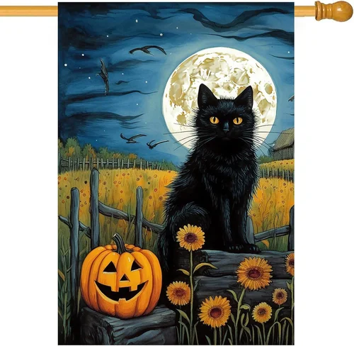 Halloween Cat House Flag Black Kitty Moon Decorative Happy Halloween Pumpkin Hol EYY IIX SSL