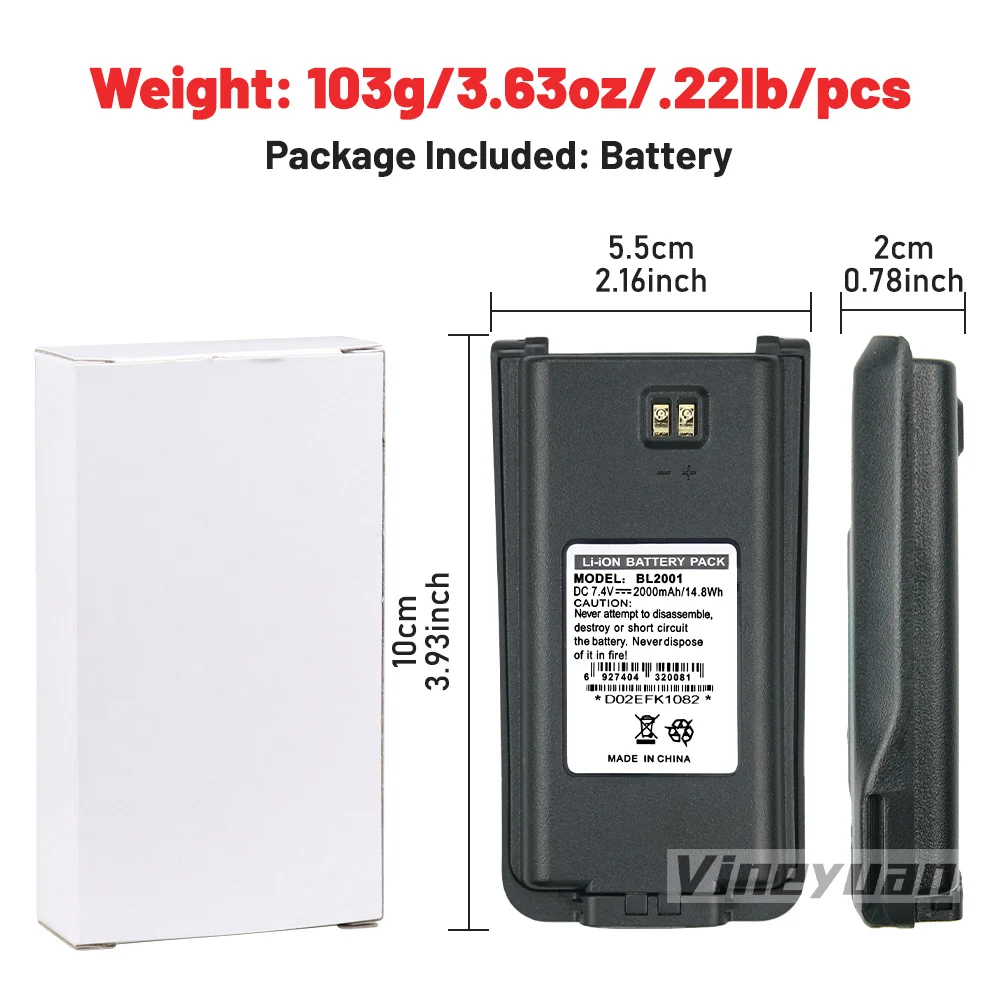 BL2001 7.4V 2000mAh Hytera Replacement Li-ion Battery for HYT TC-610 TC-610S TC-610P TC-618 TC-620 TC-626 Two Way Radios Battery