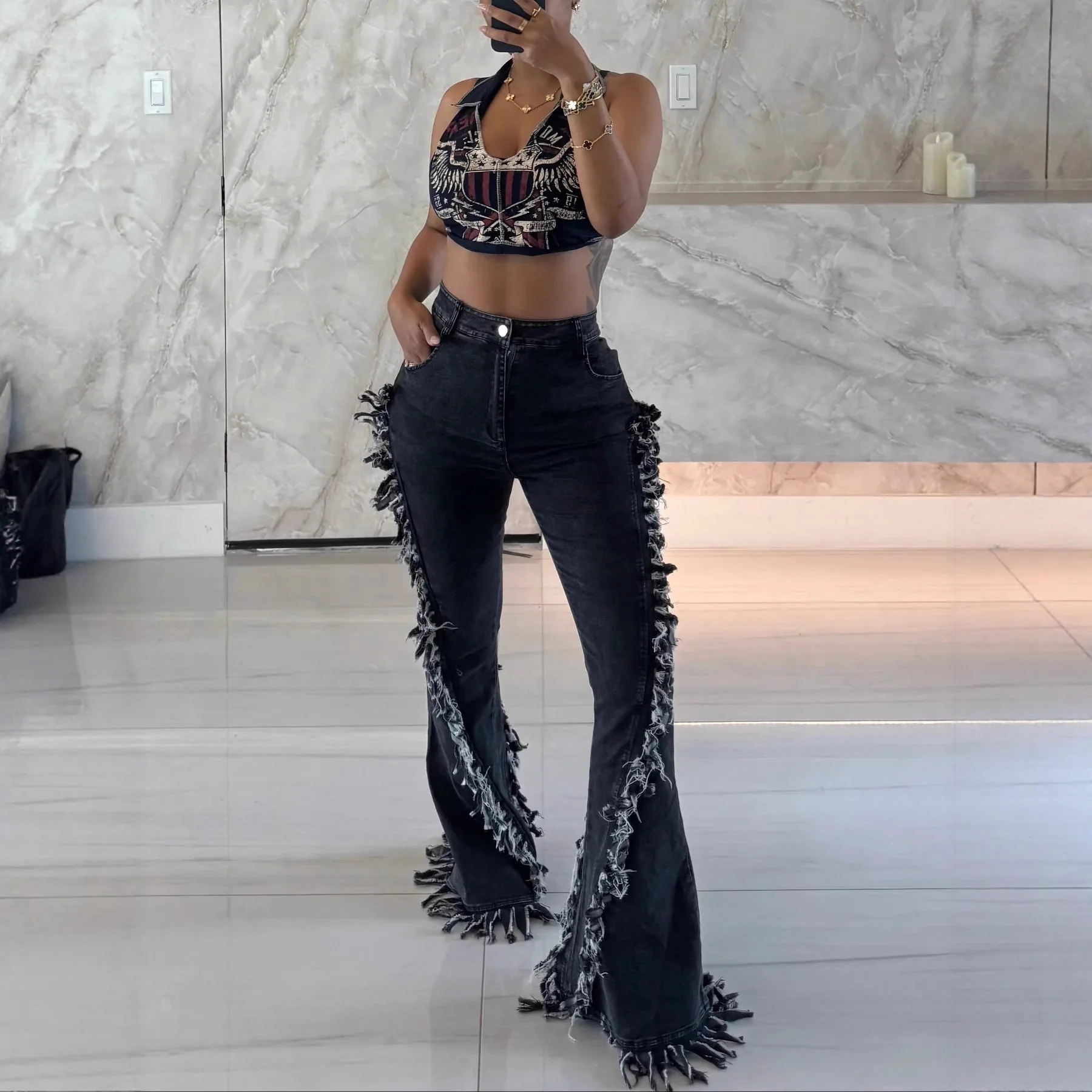 

Женские джинсовые расклешенные брюки с бахромой, осенняя одежда 2026, уличная одежда, стильные женские потертые эластичные джинсы с высокой талией