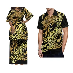 Hawaiian Tribe Flower Turtle Print Polynesian Loose Suit Skirt Women Puletasi Men'S Pocket Shirt Custom Couple Matching Outfit