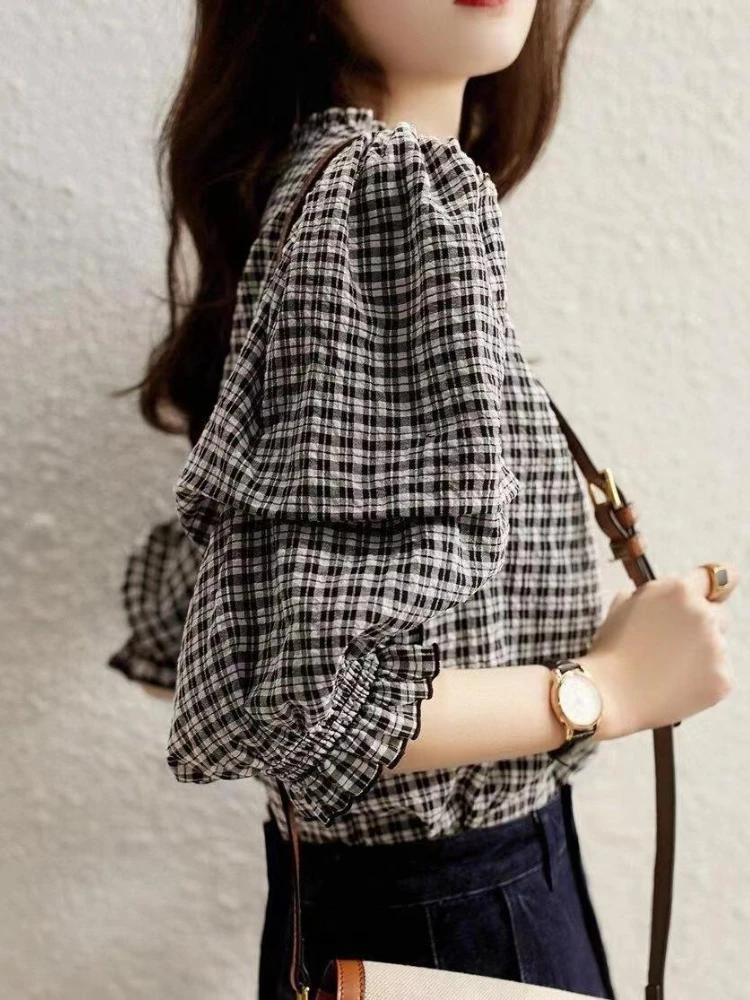 Plaid Blouse Women Puff Sleeve Tops Vintage Casual Soft Panelled Versatile Temper Office Lady Fashion Blusas Mujer French Style